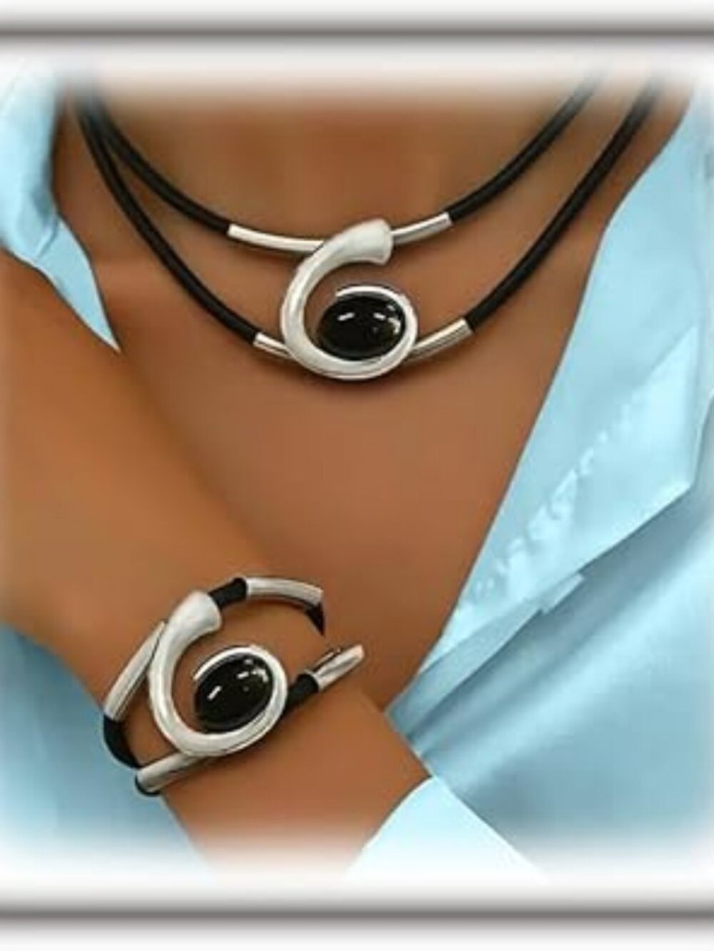 Black and Silver Double Layered Leather Choker and Bracelet Boho Jewelry Set NEW
